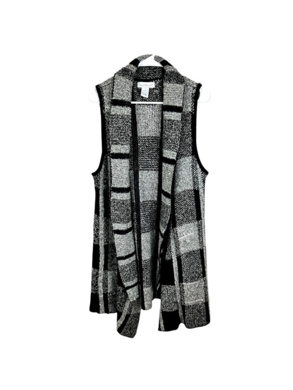 Keren Hart Black & White Plaid Open-Front Drape Sweater Vest Medium